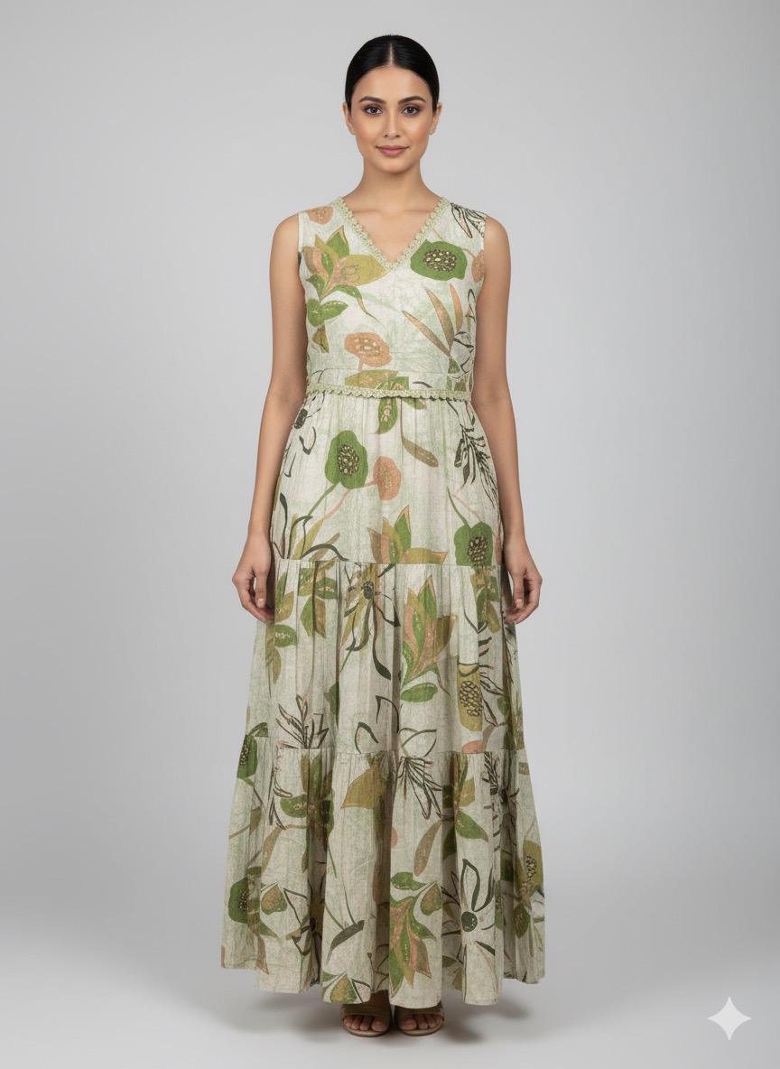 Shree Shanti Selection - Green Floral Printed Sleeveless Long Kurti